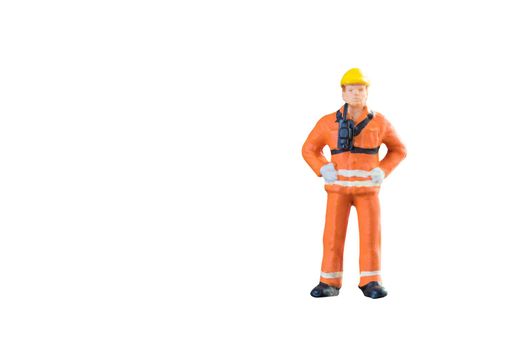 Miniature people engineer and worker occupation isolated with clipping paht on white background. Elegant Design with copy space for placement your text, mock up for industrial and construction concept