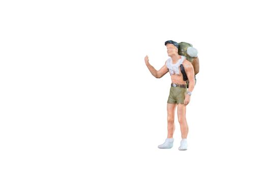 Close up of Miniature backpacker and tourist people isolated with clipping path on white background.Elegant Design with copy space for placement your text, mock up for business and travel concept