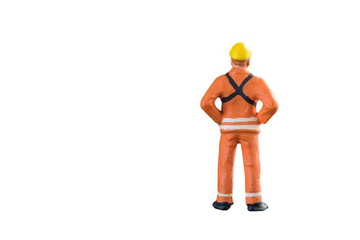 Miniature people engineer and worker occupation isolated with clipping paht on white background. Elegant Design with copy space for placement your text, mock up for industrial and construction concept