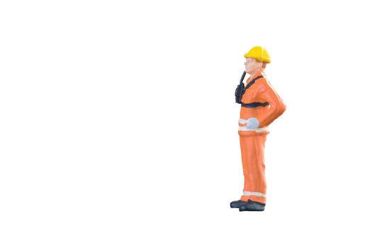 Miniature people engineer and worker occupation isolated with clipping paht on white background. Elegant Design with copy space for placement your text, mock up for industrial and construction concept