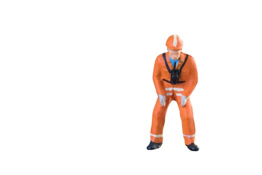 Miniature people engineer and worker occupation isolated with clipping paht on white background. Elegant Design with copy space for placement your text, mock up for industrial and construction conce