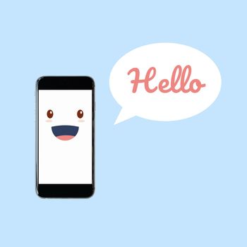 Cute smartphone with Hello word in speech bubble. Elegant Design for smart technology and internet of things concept