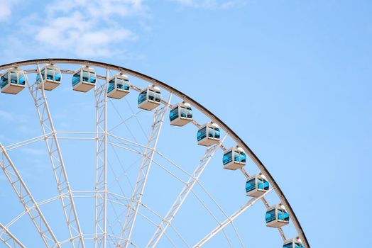 Close up Giant Ferris Wheel in Hong Kong near Victoria Harbor with clear sky background,Hong Kong 