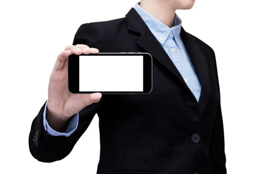 Smart business women show a smartphone with white screen on white background. Elegant Design with copy space for smart business, business idea and internet of things technology concept