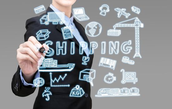 Smart Business woman is writing shipping idea concept present by icon symbol elements.Elegant Design for smart business container cargo shipping,Logistic,Import  and Export business concept