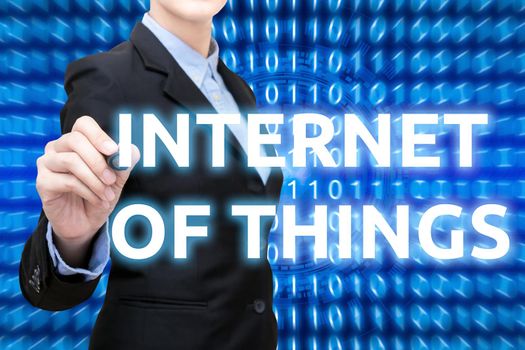 Smart business woman writing internet of things technology concept,internet of things is technology in the future for wireless communication network for the infrastructure of the information society.