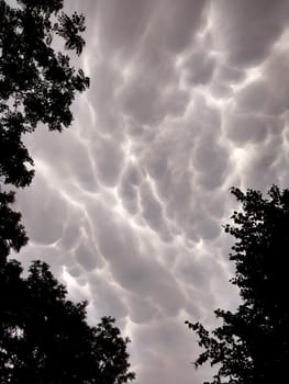 Mammatus unusual clouds in the evening sky before rain.