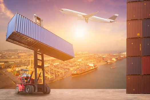 Logistics and transportation of Container Cargo ship, Cargo plane and Forklift truck work in shipping yard. Photo concept for global business containers shipping,Logistic,Import and Export industry
