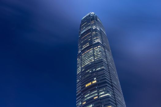 Close up view of Hong Kong landmark office building at night in Hong Kong