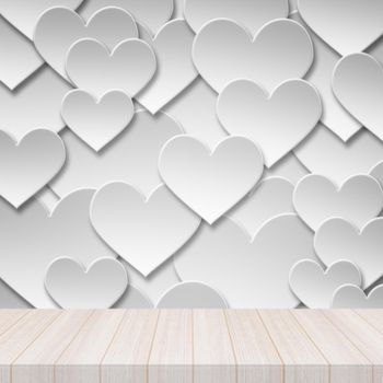 Perspective white wood table top with Paper valentine love heart symbol background. Elegant Design with Space for placement your background,Template mock up for  valentine love heart concept 
