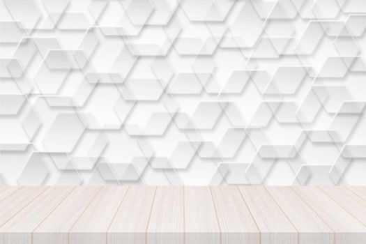 Perspective white wood table top with hexagonal banner with transparency Background, Elegant Design with Space for placement your background,Template mock up for montage your products