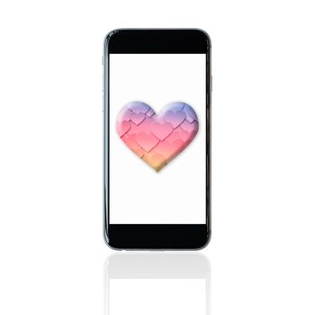 Smartphone with colourful heart symbol on screen. Elegant Design for love, valentine and wedding concept