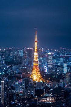 Aerial view over Tokyo tower and Tokyo cityscape view from Roppongi Hills at night.