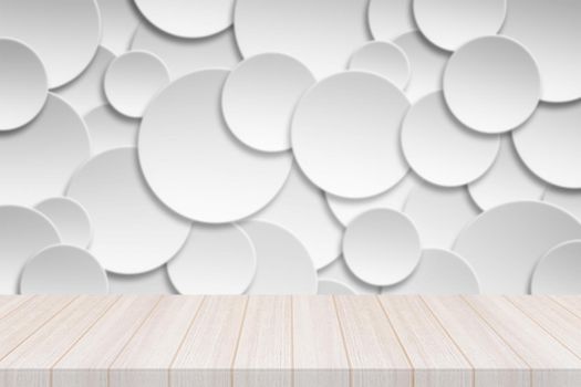 Perspective white wood table top with Paper circle banner with drop shadows Background, Elegant Design with Space for placement your background,Template mock up for montage your products