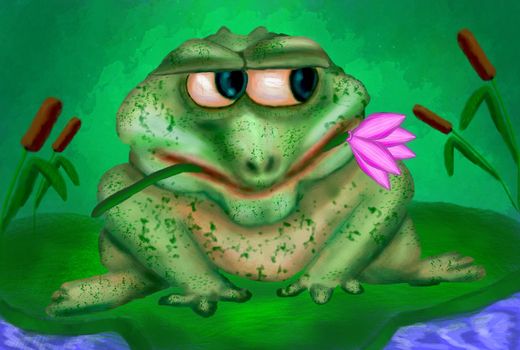 Green frog sits on a water lily and holds a flower in the mouth. Frog with flower waiting for a female. Valentines day and love concept. Stock illustration