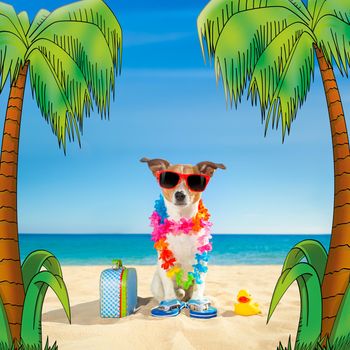 jack russell dog at the beach with a suitcase luggage or bag wearing sunglasses and flower chain at the ocean shore on summer vacation holidays