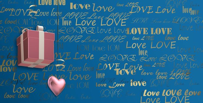 Gold multiple words LOVE on blue background, 3D gift box and pink heart. Valentines, birthday, mothers day background, 3D illustration