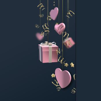Love hearts, 3D gift pink boxes on dark blue black background. Valentines, Love, party invitation, mothers day, 8th March, wedding, greeting card. Place for text. Elegant pink loves design. 3D render