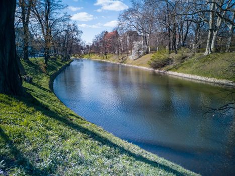 Long moat river in park between trees and bushes at sunny day