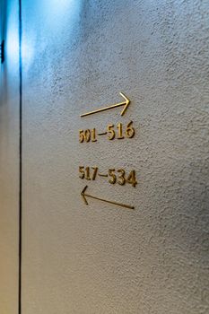 Blue painted wall with golden elements with arrows and numbers