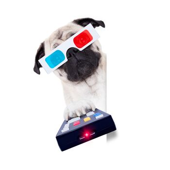 pug dog at cinema watching a movie or television tv programm with 3d glasses isolated on white background, holding the remote control