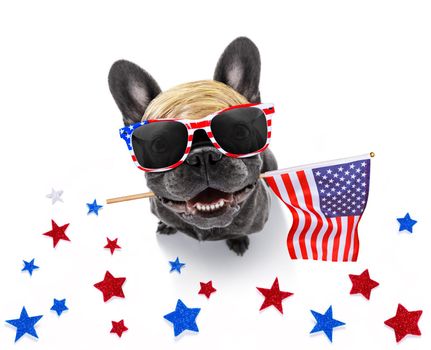 french bulldog waving a flag of usa and victory or peace fingers on independence day 4th of july with sunglasses