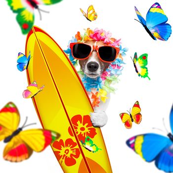summer paradise vacation surfer jack russell dog with surfboard and sunglasses isolated on white background, butterflies and palms