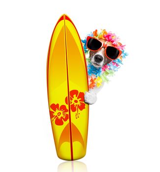 summer paradise vacation surfer jack russell dog with surfboard and sunglasses isolated on white background