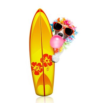 summer paradise vacation surfer jack russell dog with surfboard and sunglasses isolated on white background