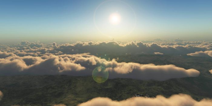 fly over clouds sunset, 3d render illustration