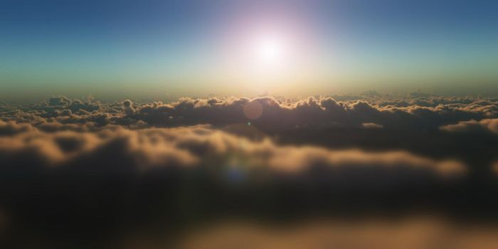 fly over clouds sunset, 3d render illustration