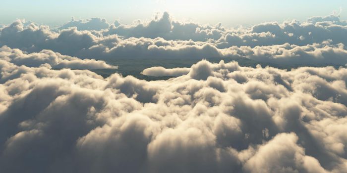 fly over clouds sunset, 3d render illustration