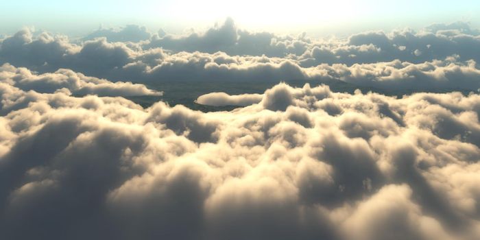 fly over clouds sunset, 3d render illustration