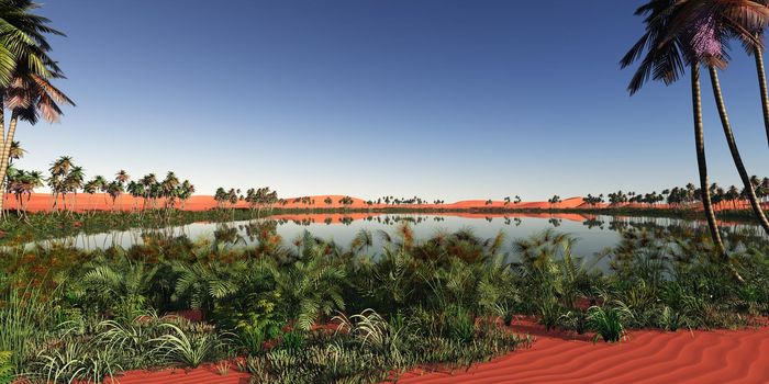 oasis panoramic in desert, 3d render illustration