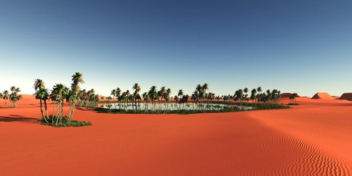 oasis panoramic in desert, 3d render illustration