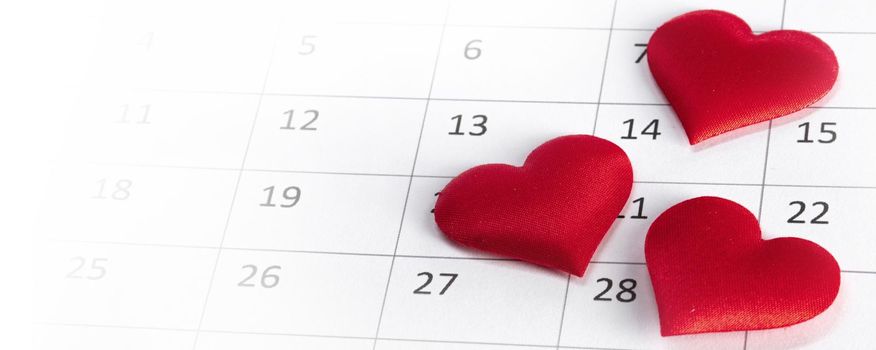 February 14 on the calendar, Valentine's day, red hearts on date