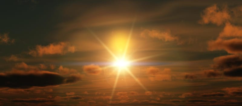 sunset sun ray clouds panorama, 3d illustration render