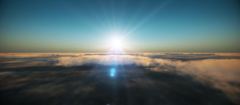 fly in above clouds sunset, 3d render