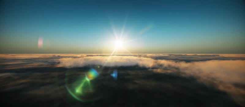fly in above clouds sunset, 3d render