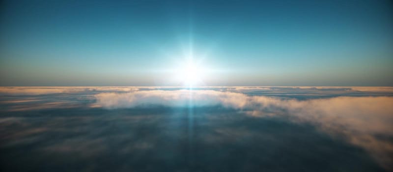 fly in above clouds sunset, 3d render