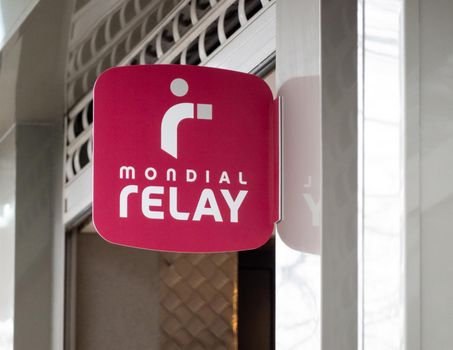 BAYONNE, FRANCE - CIRCA JANUARY 2021: Mondial Relay sign outside shop. Mondial Relay is a French postal service company.