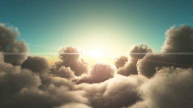 above clouds fly in sunset, 3d render illustration