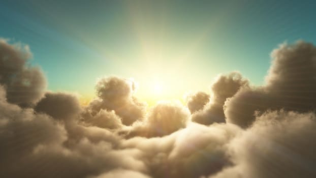 above clouds fly in sunset, 3d render illustration