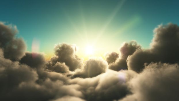 above clouds fly in sunset, 3d render illustration