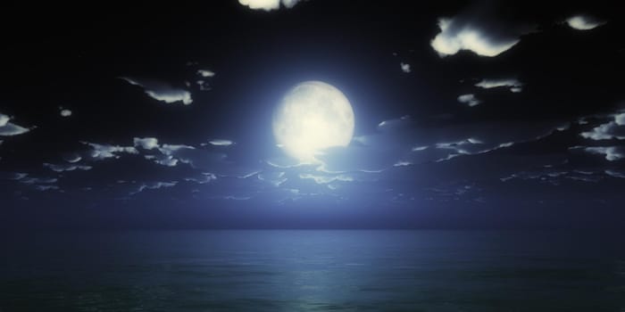 ocean full moon clouds, 3d render illustration