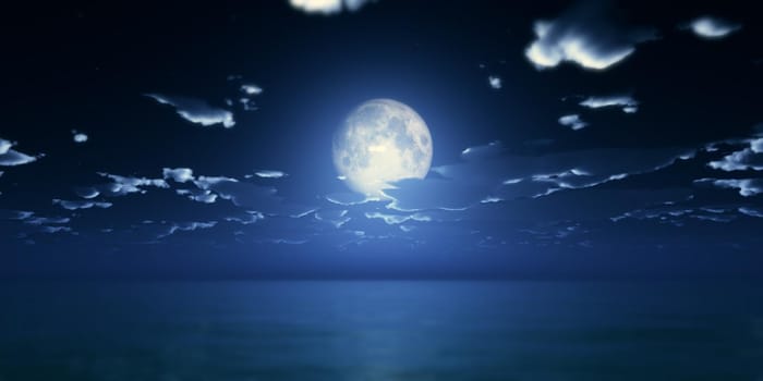 ocean full moon clouds, 3d render illustration