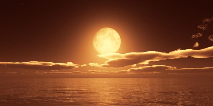 ocean full moon clouds, 3d render illustration