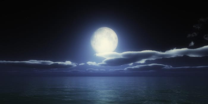 ocean full moon clouds, 3d render illustration