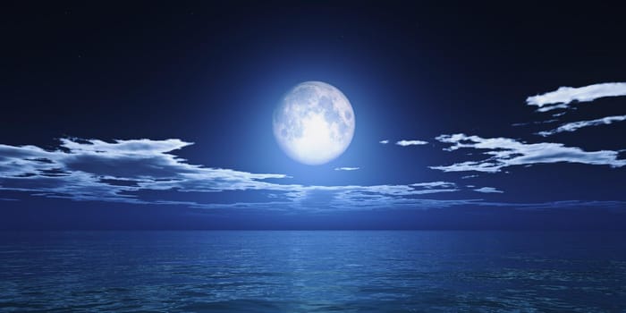 ocean full moon clouds, 3d render illustration