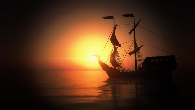 old ship in sea sunset, 3d render illustration